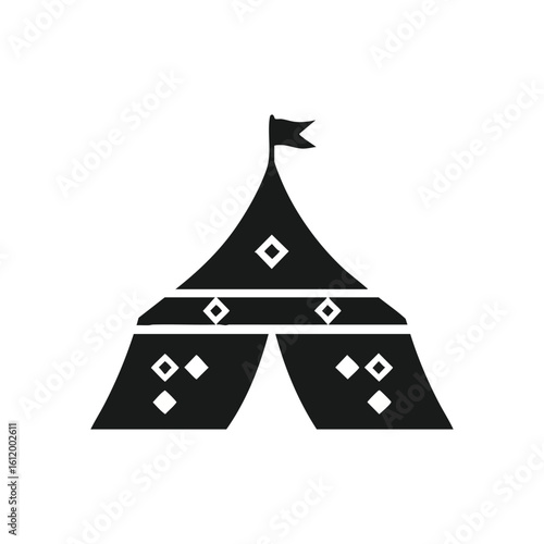 Adventure Tent Icon. Stylized grayscale camping structure featuring distinct rhombus embellishments. Conveys exploration, discovery, and outdoor experiences.