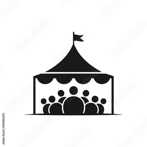 Community Event Tent Symbol. Minimalist illustration depicting attendees within a grand outdoor structure. Represents unity, social gatherings, and a lively celebration.