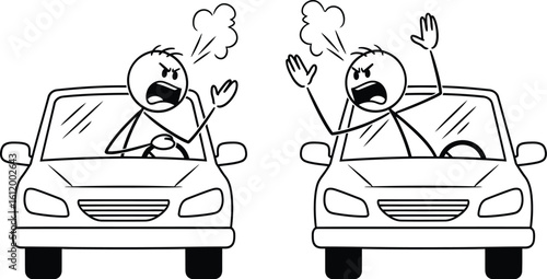 Angry drivers road rage illustration stick figures arguing in cars traffic conflict situation
