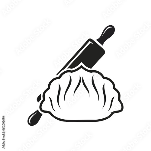 Handmade Dumpling and Roller Image. This minimalist graphic depicts a delectable filled pastry with a baking implement. It symbolizes traditional cuisine, culinary artistry, and the comfort of.