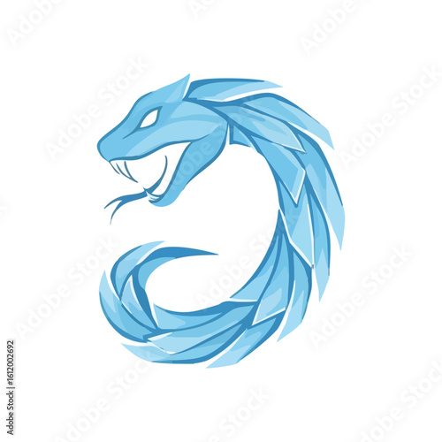 Mythical Ice Serpent Creature. Enchanting illustration depicts a frozen reptilian beast, coiled with open jaws and fangs. It embodies chilling power, ancient wisdom, and natural force.