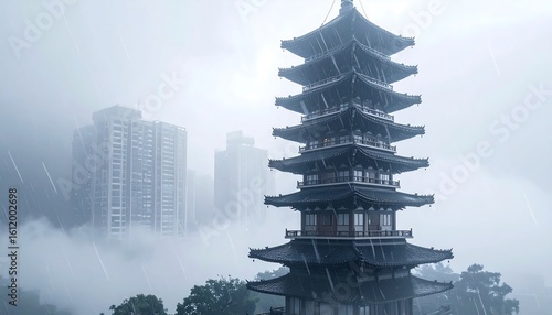 Pagoda Rising Through Fog and Rain in Cityscape