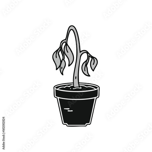 Withered Potted Plant Icon. Monochrome graphic of a wilting botanical specimen, symbolizing neglect, decline, and the fragile nature of existence. Represents environmental stress.