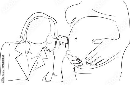 One continuous line drawing on white isolated background. Minimalism linear illustration. care, pregnant, doctor, people, female doctor, adult, healthcare and medicine, examining, stethoscope