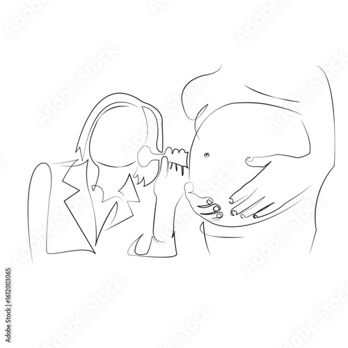 One continuous line drawing on white isolated background. Minimalism linear illustration. care, pregnant, doctor, people, female doctor, adult, healthcare and medicine, examining, stethoscope