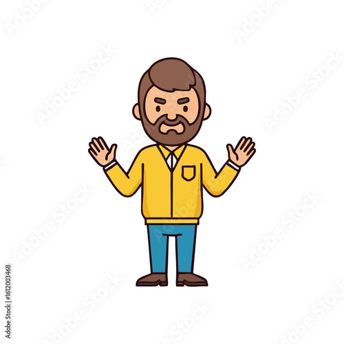 Bearded Man Shrugging Gesture. A male cartoon character with facial hair lifts his hands in a gesture of bewilderment. He embodies uncertainty, expressing an indifferent or clueless attitude.