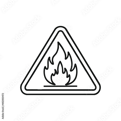 Fire Hazard Warning Sign Icon. A stark white graphic depicts a fiery blaze within a triangular alert emblem. This monochrome image conveys peril, caution, and combustible risk.
