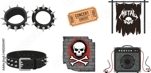 Metal music themed accessories and concert items, including studded bracelets, a studded dog collar, a concert ticket, a skull and crossbones design, and a metal music banner.