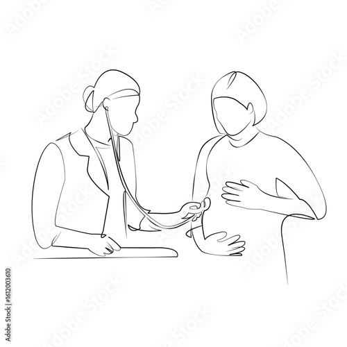 One continuous line drawing on white isolated background. Minimalism linear illustration. person, woman, doctor, pregnant, hospital, female, patient, examining, care