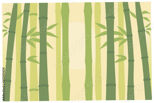 Tall bamboo stalks with leaves on a light yellow background green nature