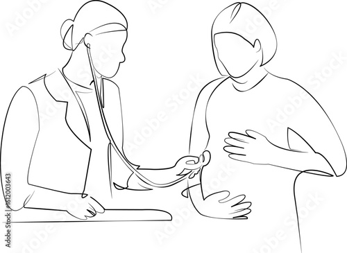 One continuous line drawing on white isolated background. Minimalism linear illustration. person, woman, doctor, pregnant, hospital, female, patient, examining, care