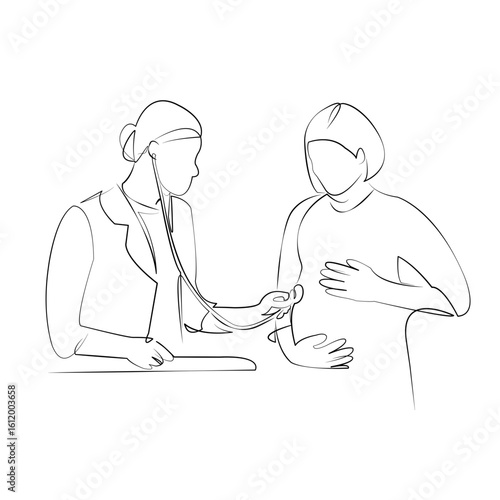 One continuous line drawing on white isolated background. Minimalism linear illustration. person, woman, doctor, pregnant, hospital, female, patient, examining, care