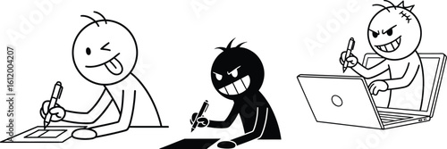 Stick figures writing drawing illustration concept of good bad and evil online behavior art