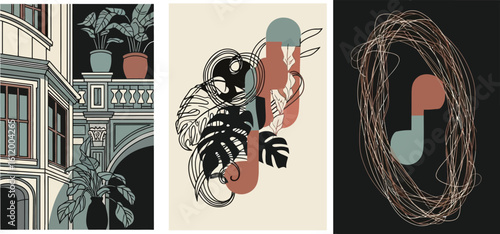 Three stylized illustrations featuring architecture, abstract shapes, and a musical note.