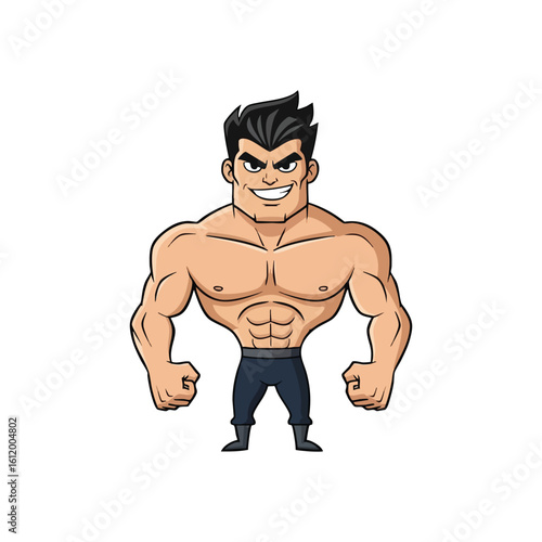 Muscular Cartoon Hero. A brawny animated male with an athletic build and confident expression. This illustration symbolizes strength, fitness, and unwavering self-assurance.