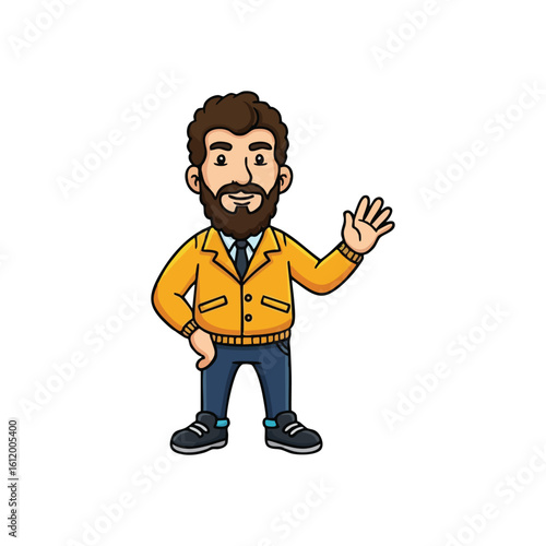 Cheerful Animated Man Waving. A pleasant bearded character in a vibrant yellow jacket extends a welcoming hand. His open gesture conveys a sense of amiability and invitation.