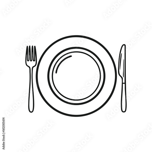 White Dining Utensil Arrangement. Clean monochrome graphic featuring a dinnerware, fork, and blade. Symbolizes mealtime readiness, sustenance, and hospitality.
