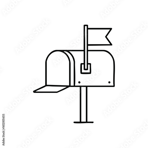 Classic Mailbox Icon Flag Up. This clean white postbox emblem features a raised signal, symbolizing new correspondence, message delivery, and reliable communication services.