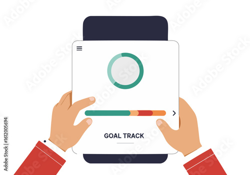 Hands hold a smartphone displaying a nutrition app tracking weight goals. A vibrant, modern design showcases a circular progress chart with fruit icons. Clean, bright, and visually appealing.