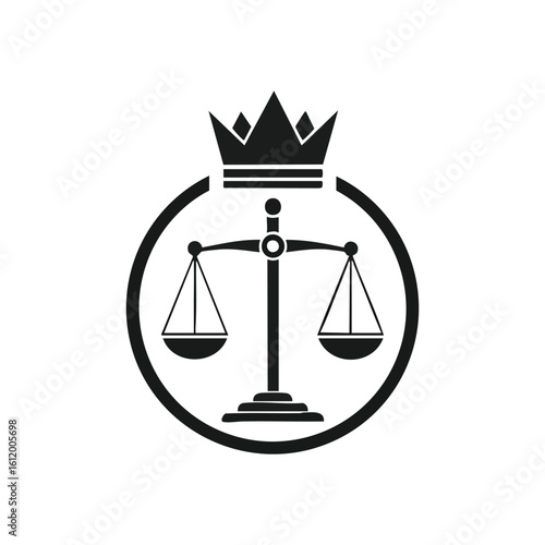 Sovereign Justice Scales Symbol. An elegant emblem featuring a majestic crown atop a weighing instrument, conveying supreme authority, fairness, and the rule of law.