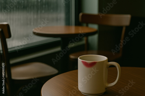 Lipstick-stained coffee mug on wooden café table beside a rainy window, capturing a quiet, romantic moment in coffee culture.

