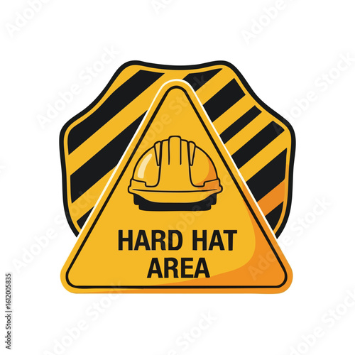 Hard Hat Area Safety Warning. Vibrant yellow triangular emblem signifies a designated zone requiring protective headwear. Essential for occupational protection and hazard awareness.