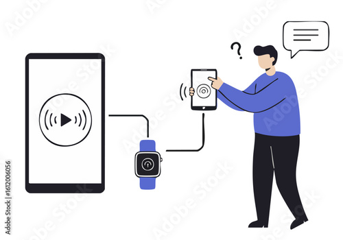 A man troubleshoots device sync via smartphone and smartwatch. Modern illustration style, clean design, focused on connectivity. Suitable for tech, digital, and productivity themes.