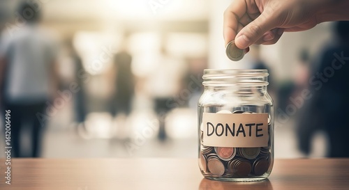 Hand places coin into a glass jar labeled donate