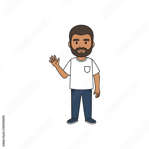 Friendly Man Waving Character. A cheerful male figure with a beard, rendered in a clean, approachable cartoon style, extends a welcoming hand. Perfect for greetings or avatars.