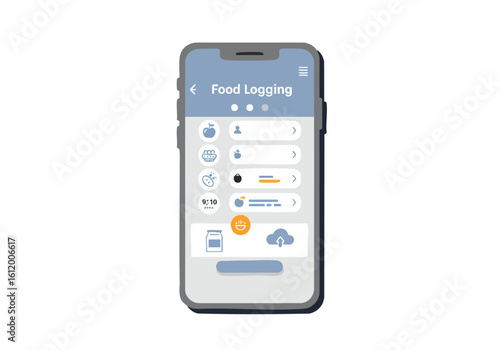 A smartphone displays a food logging app interface. Clean design, blue and white color scheme, showcasing calorie tracking and meal entries. Modern, digital lifestyle.