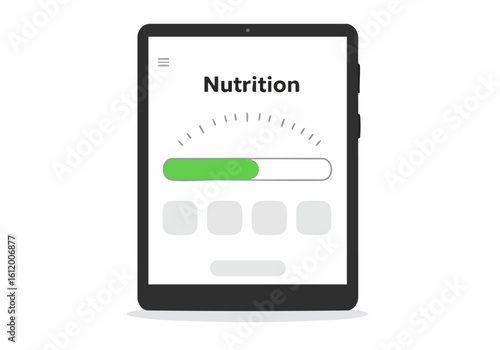 A tablet displays a nutrition app with a progress bar. Clean, modern design. Ideal for health, wellness, and technology concepts. Bright, pastel background.