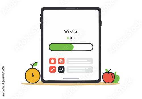 tablet displays a nutrition bar progress tracker Flat design illustration with vibrant colors and playful icons Ideal for health fitness and wellness apps Modern clean and visually appealing