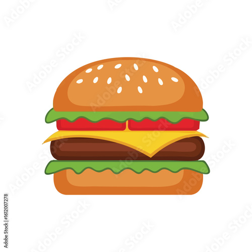 Classic Hamburger Illustration. Vibrant icon of a yummy cheeseburger with savory patty, fresh vegetables, and melted cheddar on a sesame seed bun, representing quick dining.