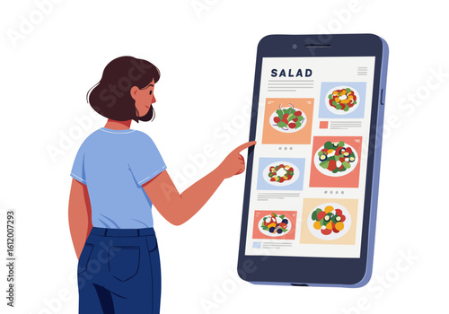 A woman browses salad options on her smartphone, showcasing a modern food delivery app interface. Clean, bright, and inviting design. Perfect for digital marketing and food tech visuals.