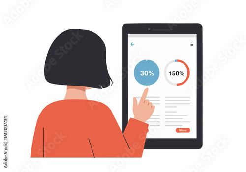 A woman uses a tablet to track nutrition, displaying a calorie intake graph. Modern, clean design with a focus on health and wellness. Soft color palette.