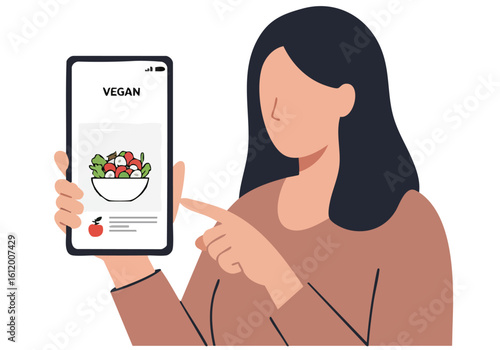 A woman holds a smartphone displaying a vegan recipe recommendation. Clean, modern illustration style. Focus on digital food and healthy lifestyle.