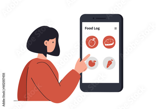 A woman logs her food intake on a smartphone, tracking nutrition. A modern, clean design with a focus on healthy eating and wellness.  App icon displays food items.