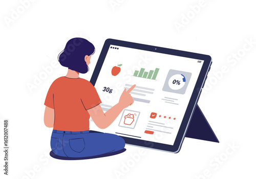 A young woman uses a tablet to track nutrition, displaying calorie intake data. Modern, digital health concept. Clean, bright background.