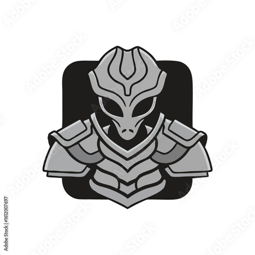 Futuristic Alien Warrior. A powerful extraterrestrial guardian in sleek, advanced metallic plating. Represents strength, technology, and cosmic protection.