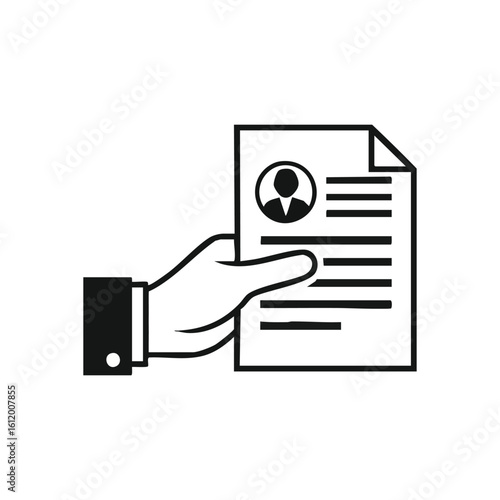 Hand Holding Resume Document. Abstract image of a person's palm presenting a professional curriculum vitae. This graphic conveys concepts of career opportunity, employment, and personal data.