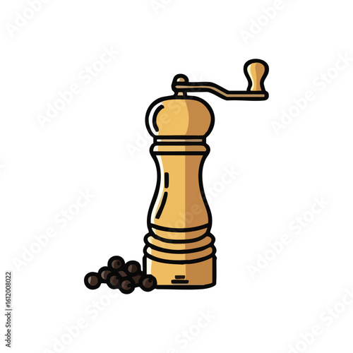 Pepper Mill and Spice Icon. Modern kitchen utensil for flavoring dishes, showcasing whole peppercorns. Symbolizes fresh seasoning, gourmet cooking, and culinary delight.