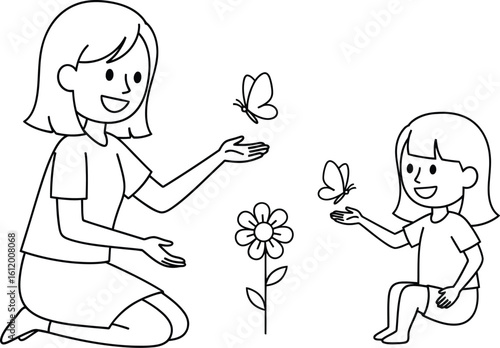 Mother and daughter playing with butterflies line art vector illustration download now today