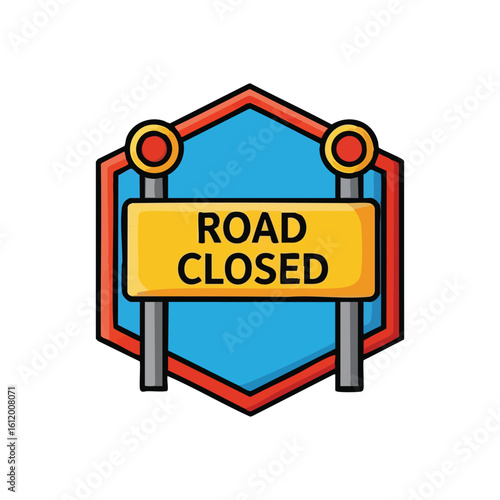 Road Closed Traffic Sign Illustration. Colorful digital drawing depicting a street closure marker. This graphic symbolizes an obstruction, detour, or an impassable journey.