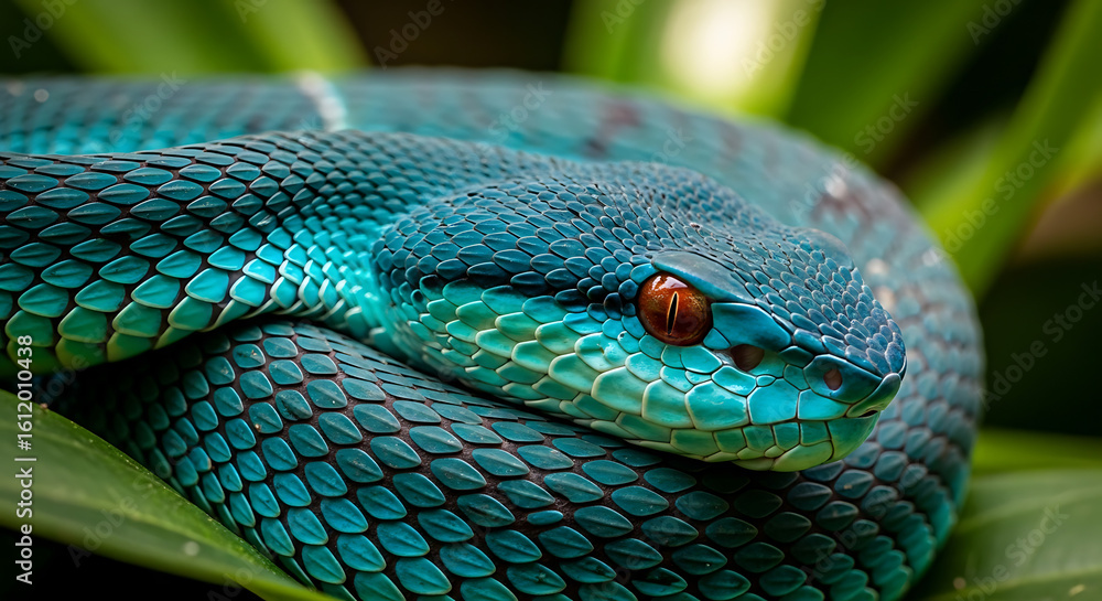 Fototapeta premium A vibrant blue viper rests among lush green foliage in the jungle