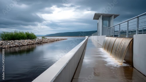Water flowing over a concrete dam, with a guard house, under a cloudy sky