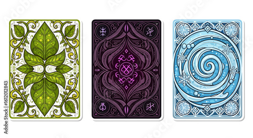 An artistic display of three illustrated playing cards.
