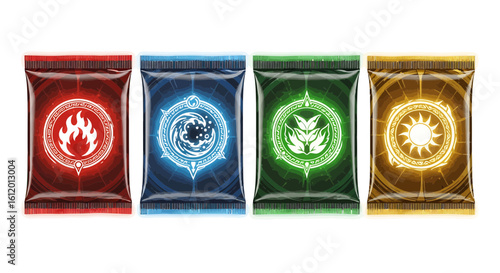 Illustration of four vividly colored sealed packages showcasing symbols of fire, water, earth, and light.