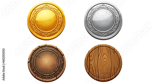 Illustration of four different style coin design.