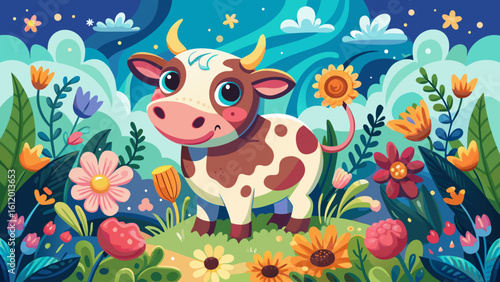 very Beautiful Charming cow surrounded by flowers and clouds perfect for a delightful coloring adventure