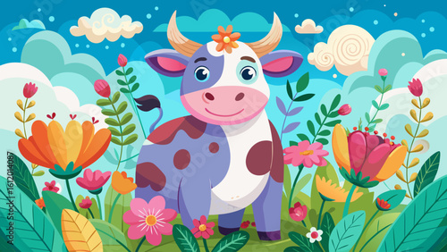 very Beautiful Charming cow surrounded by flowers and clouds perfect for a delightful coloring adventure
